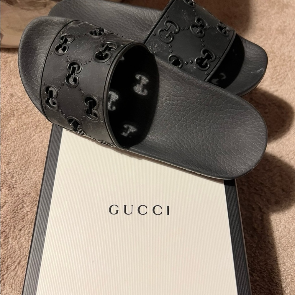 Gucci Black Embossed Slide Sandals